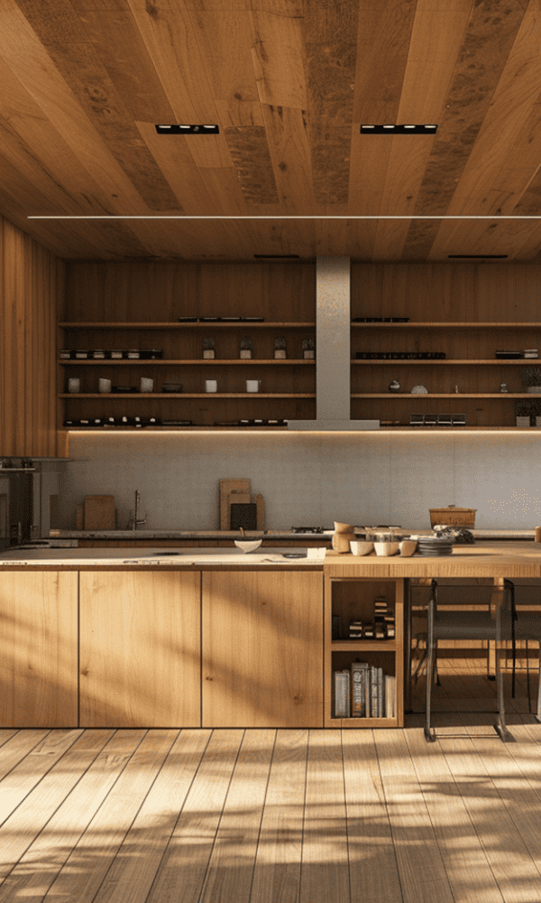 Cuisine d’extérieur moderne avec plan de travail imitation bois